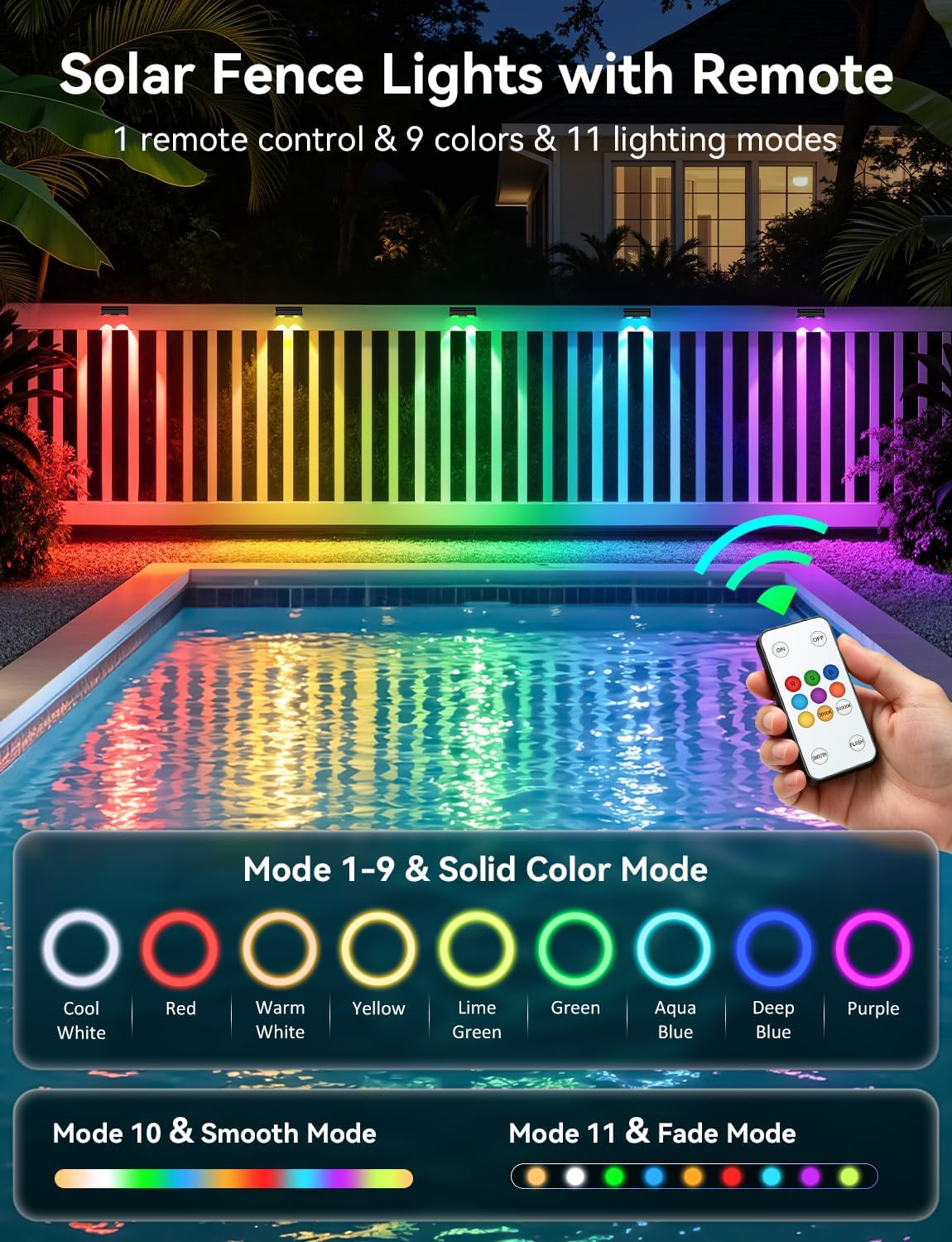Solar Fence Lights Outdoor with Remote, 12 Pack 9 Colors & 11 Lighting Modes Fence Lights Solar Powered Waterproof