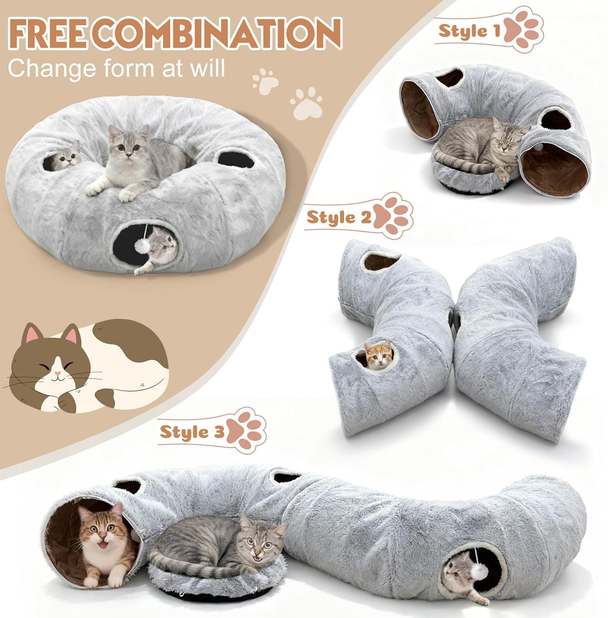 4-Holes Cat Tunnels for Indoor Cats, Plush Donut Cat Bed Tunnel Grey