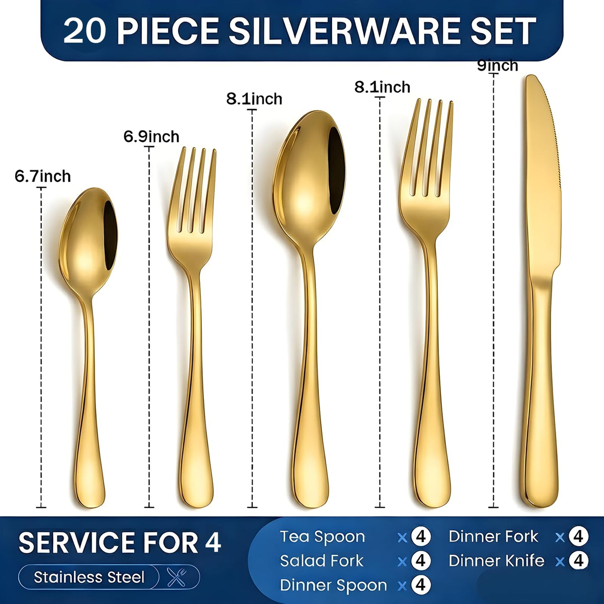 20-Piece Gold Silverware Set, Stainless Steel Flatware Set Service for 4