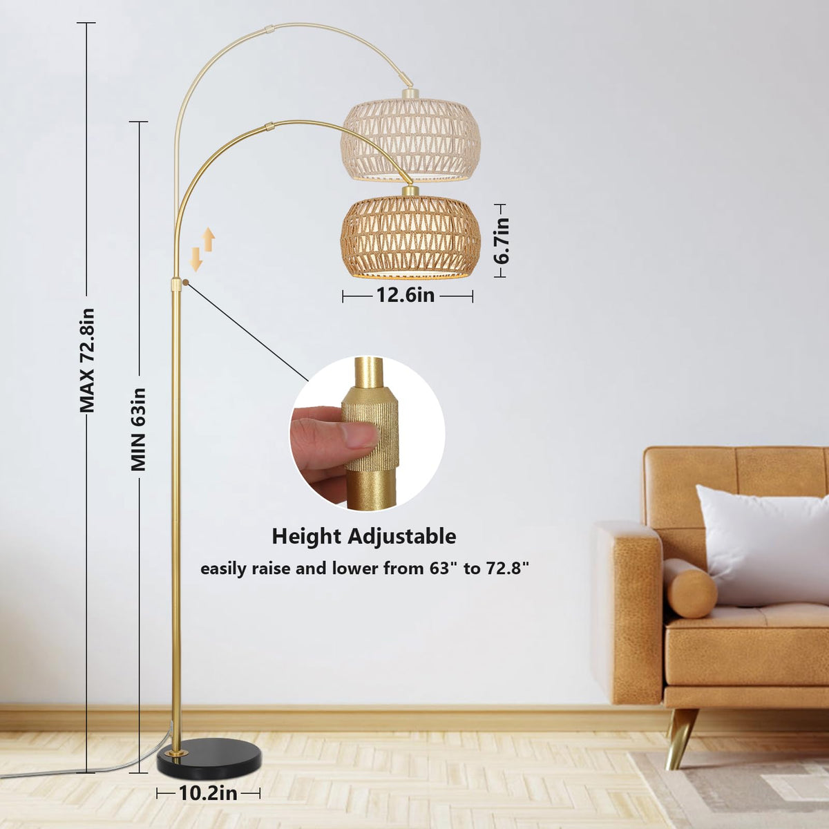 Gold Floor Lamps, Arc Floor Lamp with Remote & Dimmable Bulb, Boho Rattan Standing lamp with 3 Color Temperatures