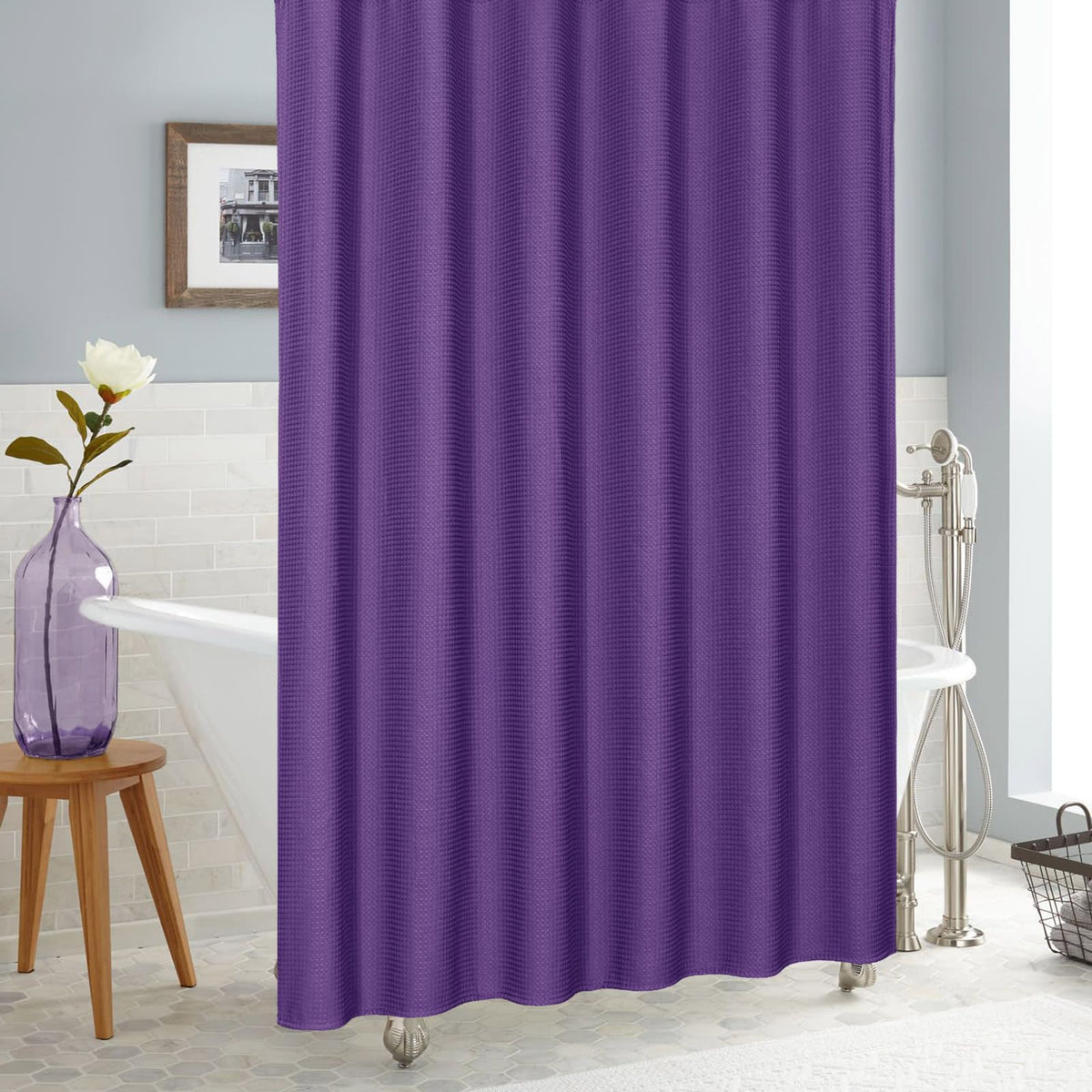 Purple Shower Curtain, 72 x 78, Luxury Waffle Fabric for Modern Bathroom Decor, Heavy Duty Hotel Cloth, 78 inch Long