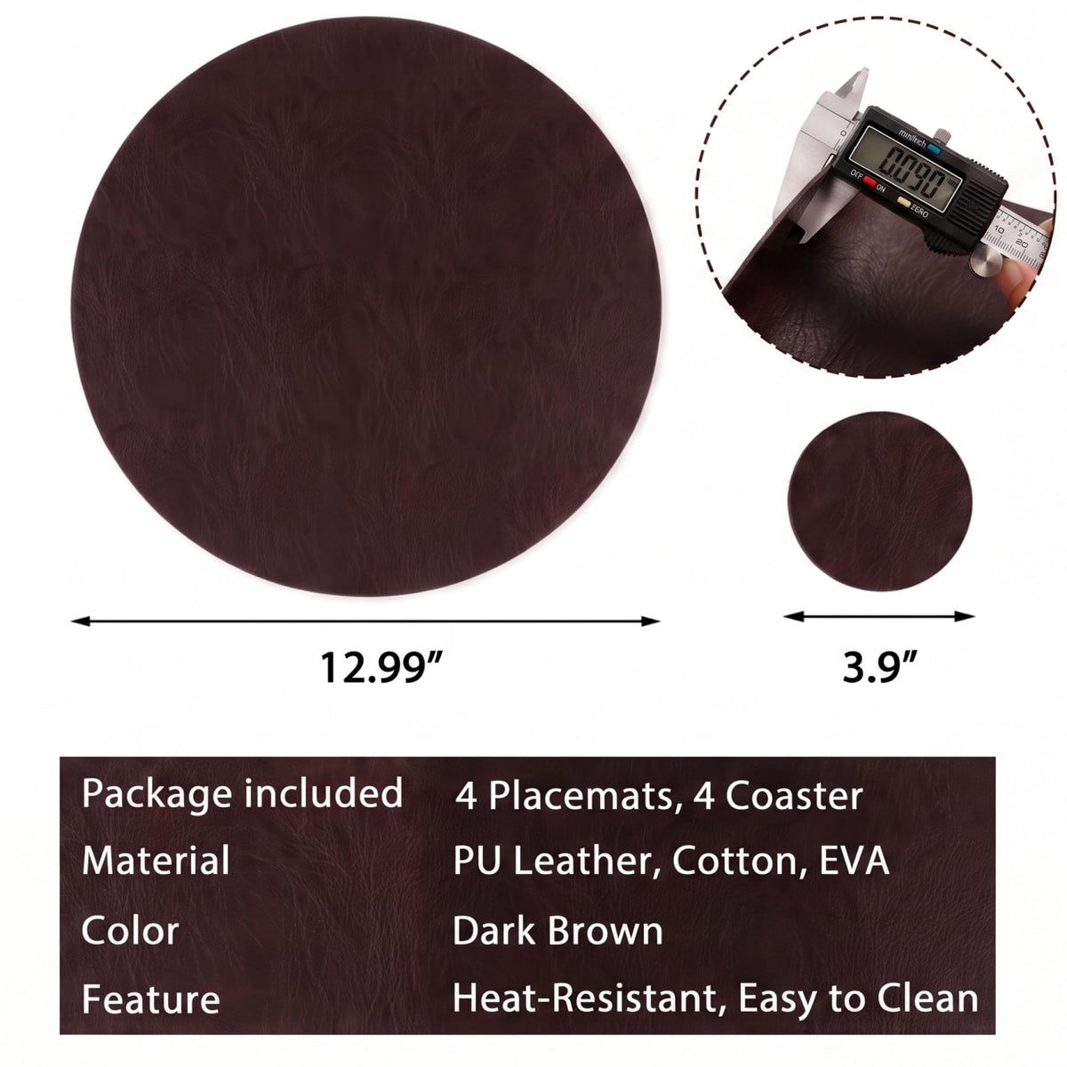 Embossed PU Leather Placemats, Waterproof Coffee Coasters, Kitchen Table Mats, Easy to Wipe Off for Dining Round Table