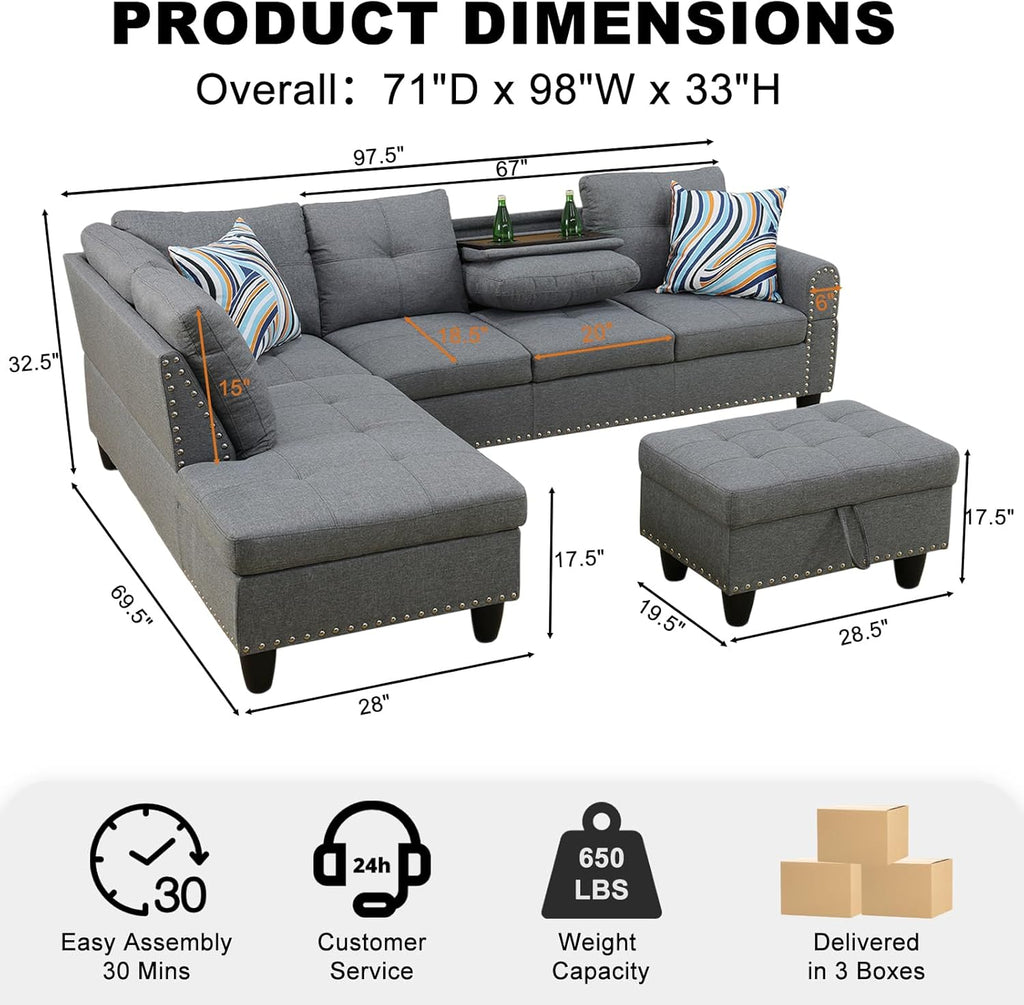 Sectional Sofa Couch, Modern 4-Seaters Living Room Furniture Sets with Chaise Lounge
