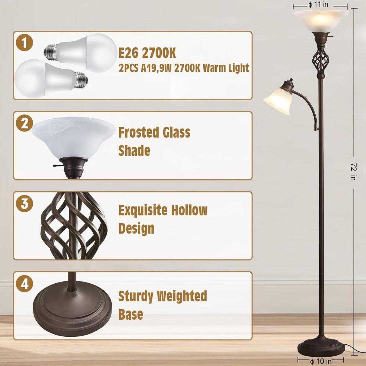 Torchiere Floor Lamp, LED Standing Reading Light with Glass Shade Corner Bedroom Home Office,Bulbs Included (Red Brown