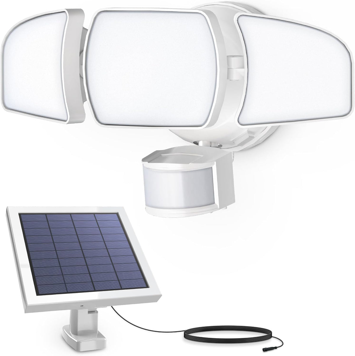 Outdoor LED Triple Head Solar Security Flood Lights with Motion Sensor, Dusk-to-Dawn Sensor, 3000 Lumens Floodlight