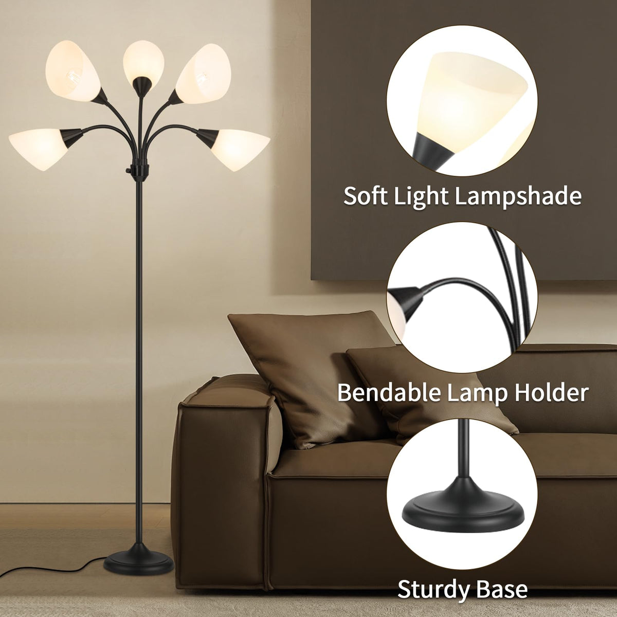 Medusa Floor Lamps Standing Lamps 5 Heads Adjustable Reading Light Large Shade Use E26 A19 Bulb Floor Lamps Bedroom