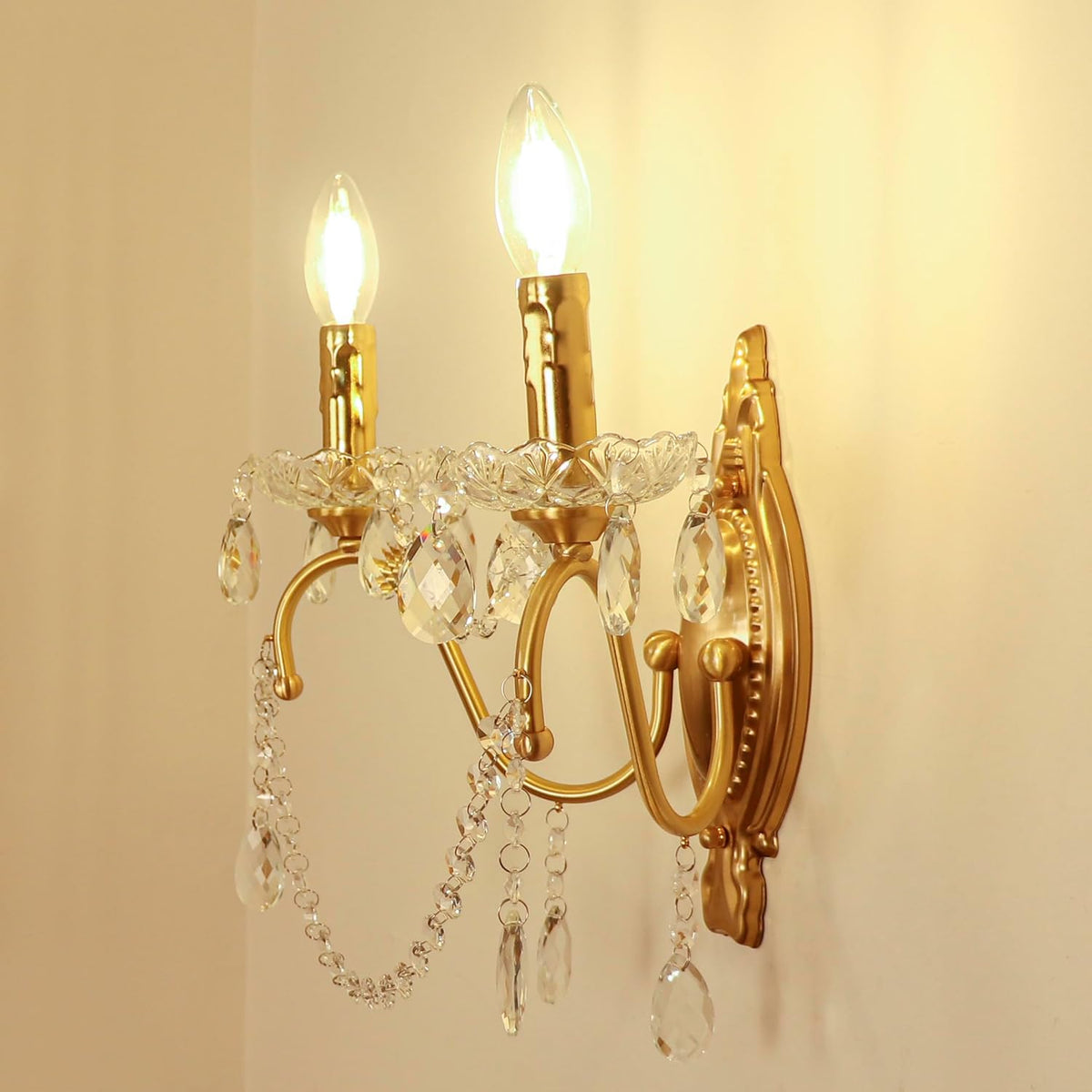 French Vintage Crystal Wall Sconce, Victorian 2-Light Gold Iron Finish, E12 Traditional Candle Style Wall Lamp for Bedroom, Hallway, Living Room, Bathroom Vanity (1-Pack, 2 Light Sources)