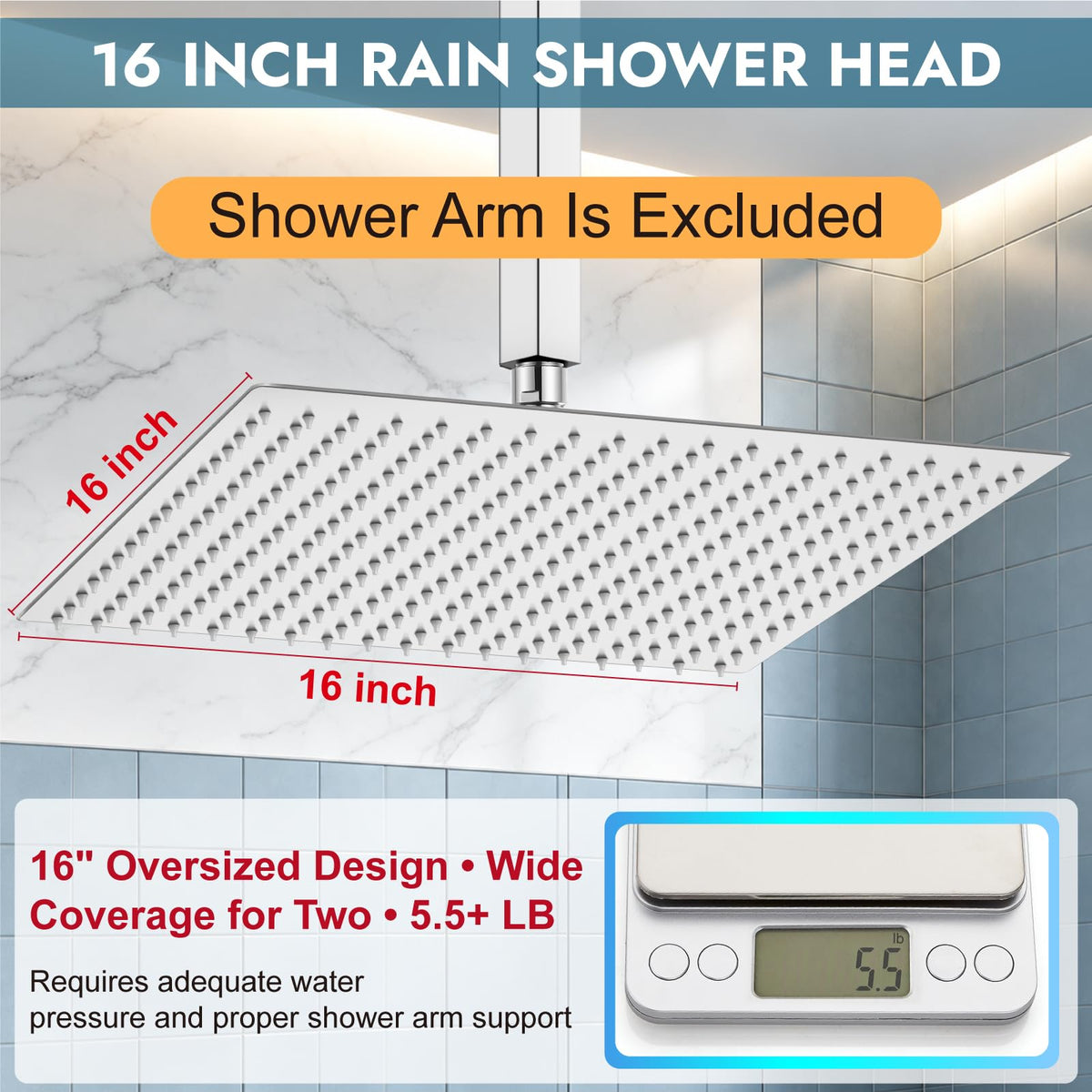 Square Rain Shower Head,High Pressure,Polish Chrome 16 Inch