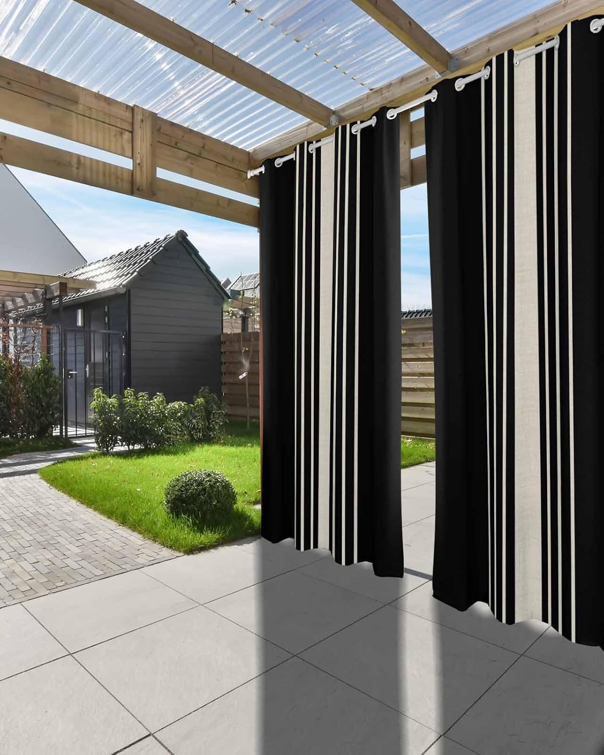 Outdoor Curtains (Set of 2 Panels) , Black Beige Striped Waterproof Blackout Outside Curtain for Porch/Pergola/Gazebo, Modern Farmhouse