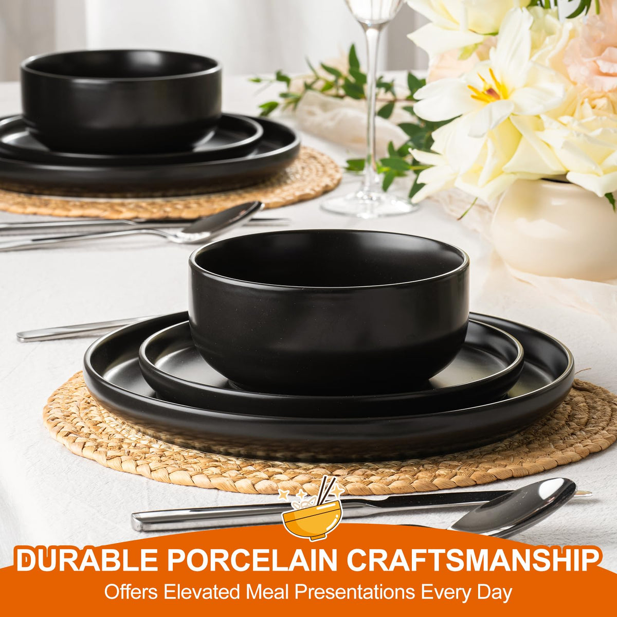 Plates and Bowls Sets, 12 Pieces Ceramic Dinnerware Set for 4, Stoneware Dishware Dishes Set, Scratch Resistant