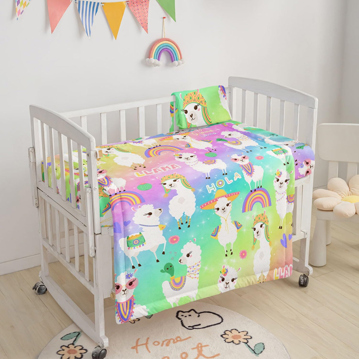 Rainbow Alpaca Printed Nursery Crib Bedding Set, 3pcs with Comforter, Crib Sheet & Crib Skirt for Baby Boys and Girls