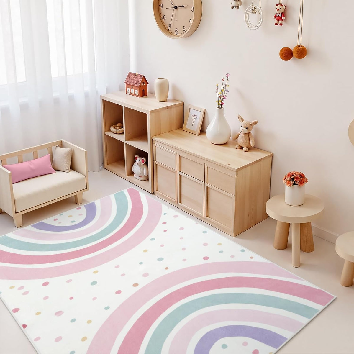 Washable Rainbow Rug for Girls Bedroom, Soft Polka Dot Pink Rug for Girls Room Nursery, Non-Slip Large Kids
