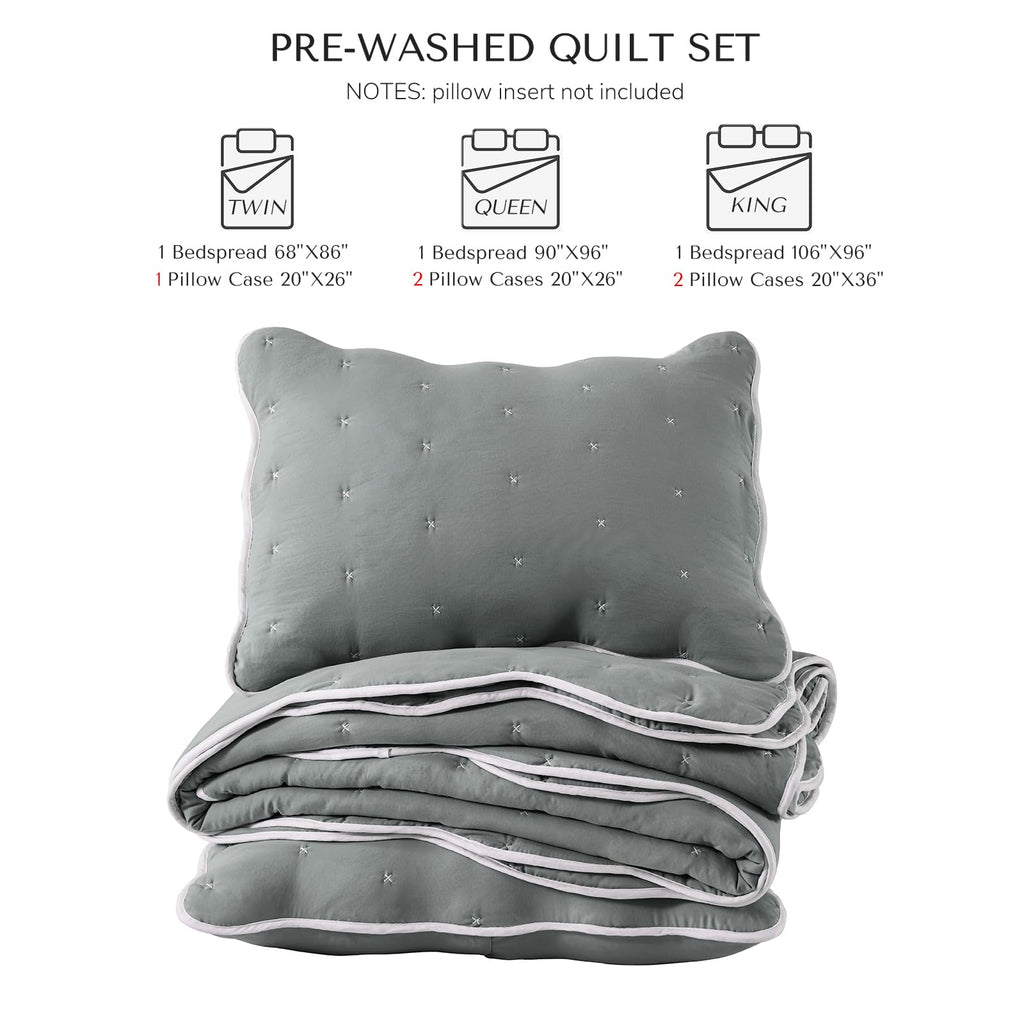Pre-Washed Quilt Grey, Soft Microfiber Bedspread Quilted Thin Comforter with Scalloped Ruffle Edge