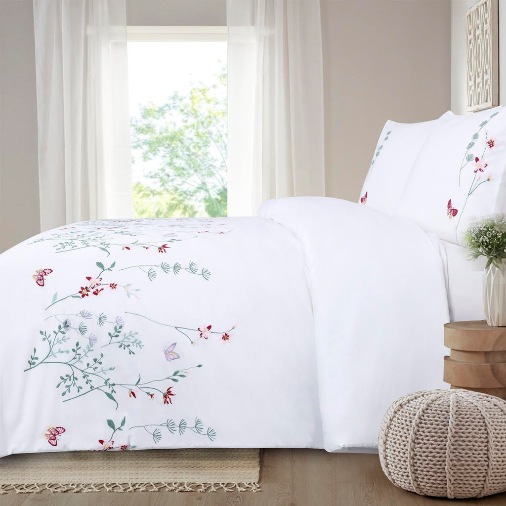 Floral Duvet Cover Set Embroidered Pink Spring Flower White Cotton