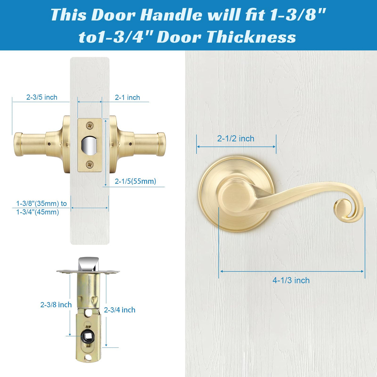 1 Pack Satin Brass Door Handle, Gold Door Lever Passage Function