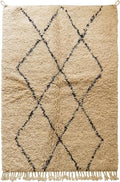 Wool Rug 5' x 7' - Handmade Berber Shag Area Rug, Beni Ourain Style, Ivory/Cream with Charcoal Ladder Diamond Pattern