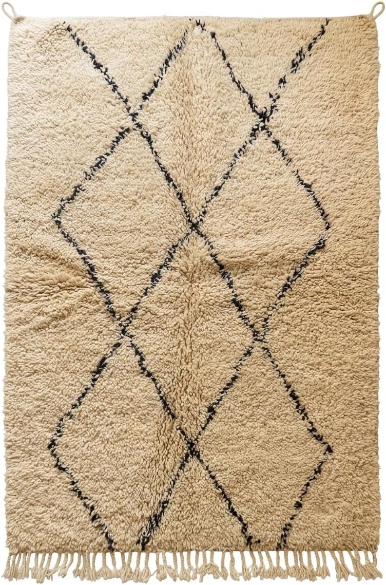 Wool Rug 5' x 7' - Handmade Berber Shag Area Rug, Beni Ourain Style, Ivory/Cream with Charcoal Ladder Diamond Pattern