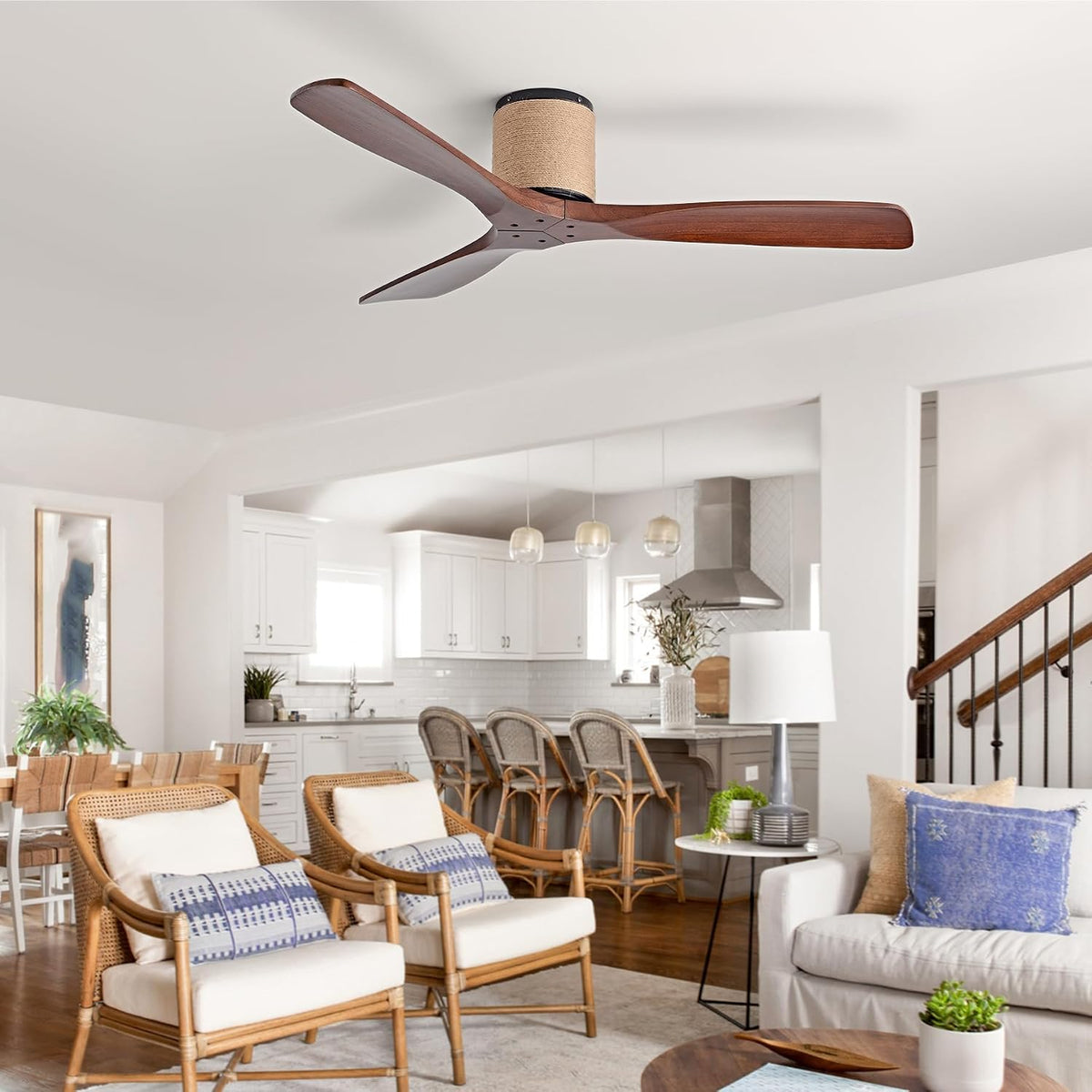52" Wood Flush Mount Ceiling Fan with Remote, No Light
