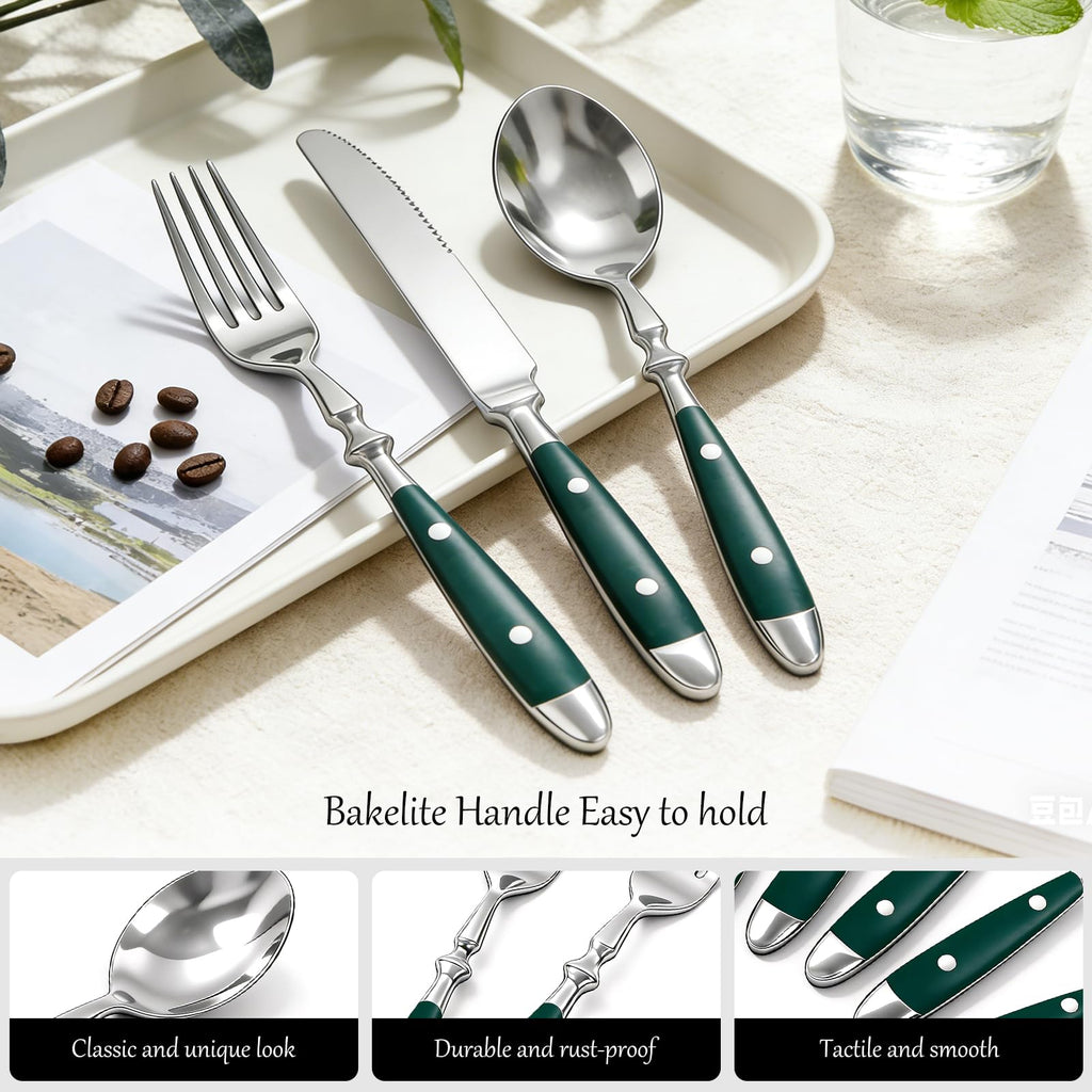 Vintage Silverware Set Service for 4, Flatware Set with Green Bakelite Handle, Stainless Steel Cutlery Set