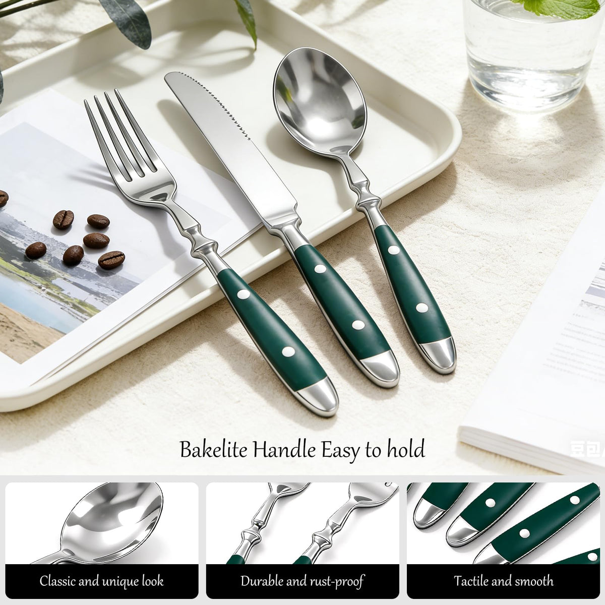Vintage Silverware Set Service for 4, Flatware Set with Green Bakelite Handle, Stainless Steel Cutlery Set