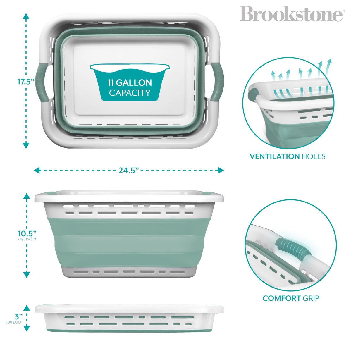 11 GALLON XL 24" Collapsible Laundry Basket & Clothes Hamper, Comfort Non-Slip Handles, Modern Laundry Hamper with