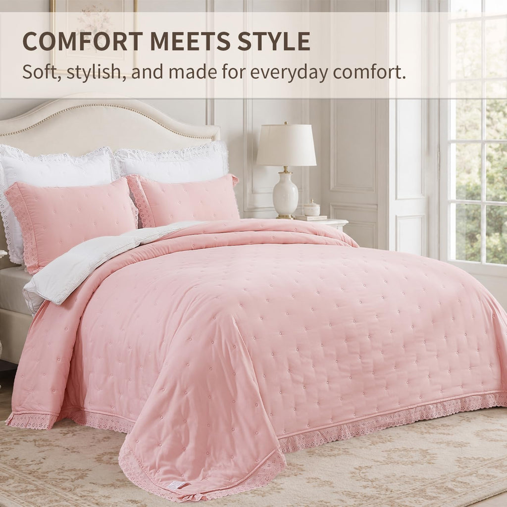 Pink Ruffle Quilt Set 68x90, Soft Lace Trim Bedding