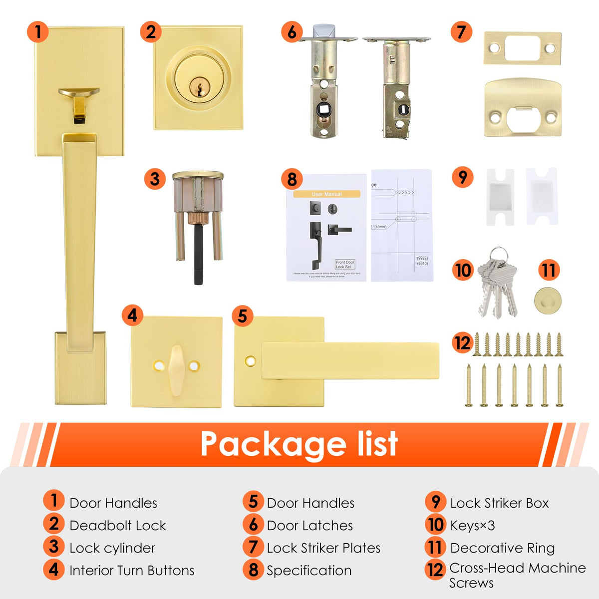 Gold Front Door Lock Set, Front Door Handle and Deadbolt Set
