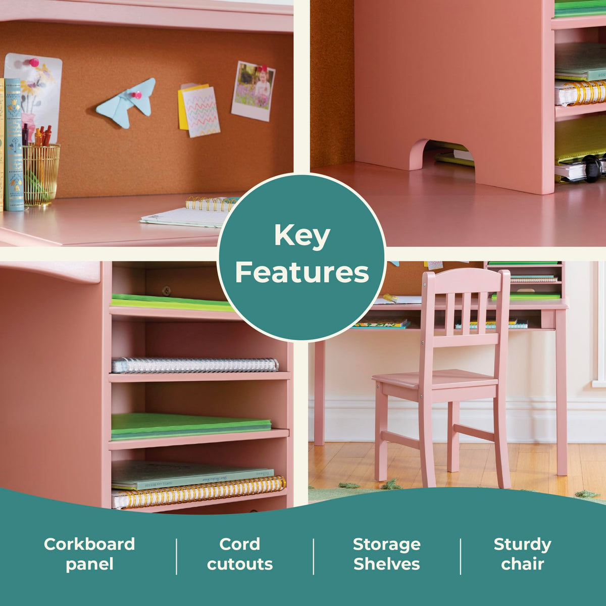 Children's Media Desk and Chair Set - Pink: Student's Study Computer Workstation with Hutch and Shelves, Wooden Kids