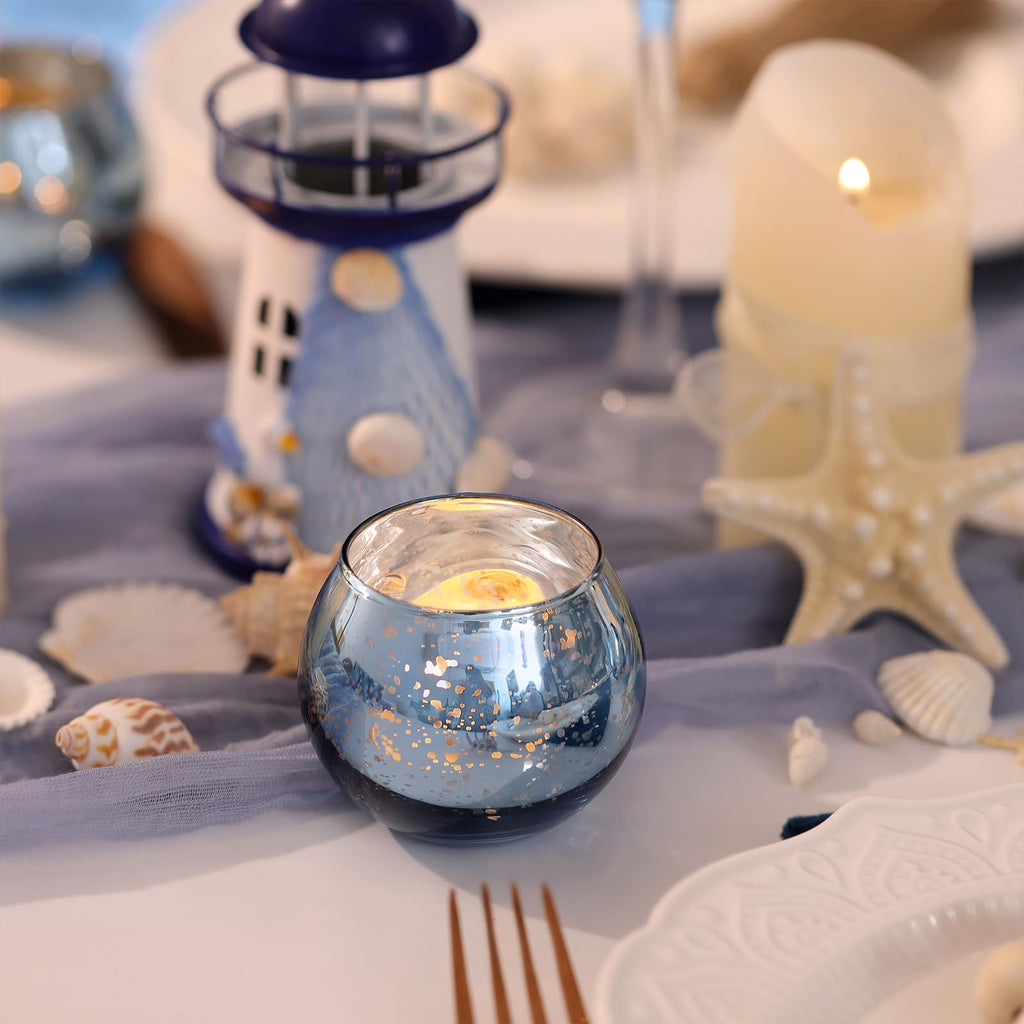 Round Blue Votive Candle Holder Set of 12, Mercury Glass Votives