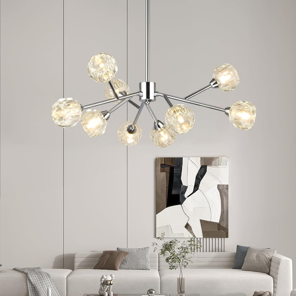 Sputnik Chandeliers for Dining Room Light Fixture Over Table, Modern Crystal Chandeliers, 9 Lights Chrome Lighting Fixtures for Living Room Bedroom Kitchen Island Bar