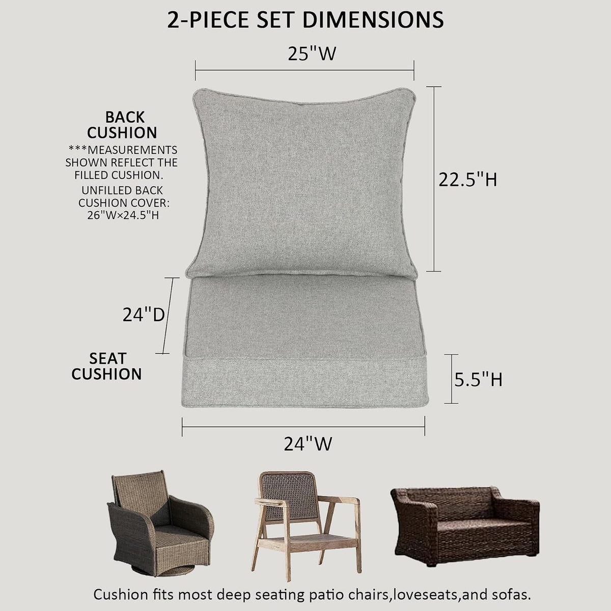24x24 Inch Outdoor Deep Seat Cushions Set of 2,Thick High-Density Foam, Water-Resistant, Piped Edges & YKK Hidden