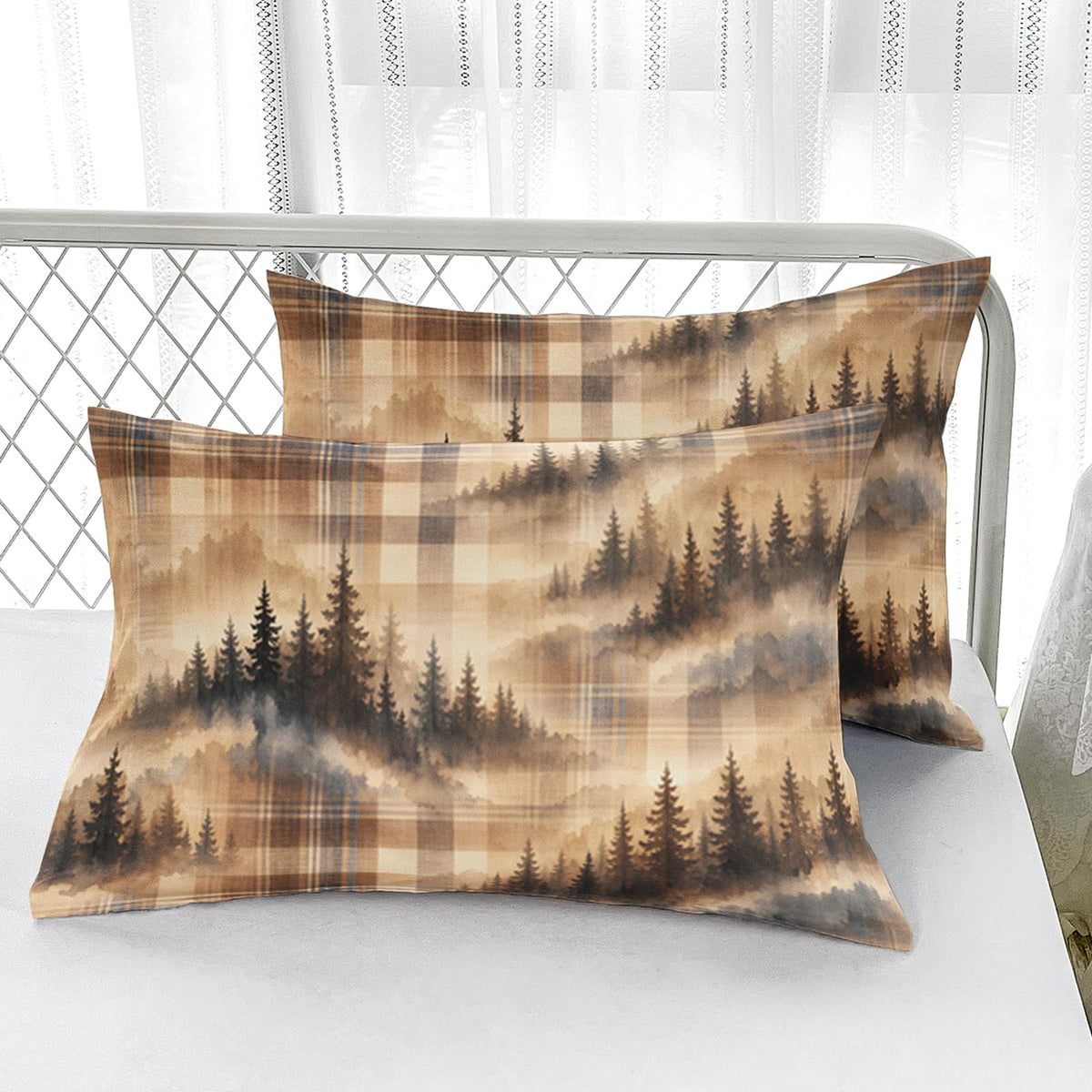 Misty Pine Bedding Collection, Beige Check Tree Silhouette 4 Piece with Fitted and Flat Sheets, 2 Pillowcases