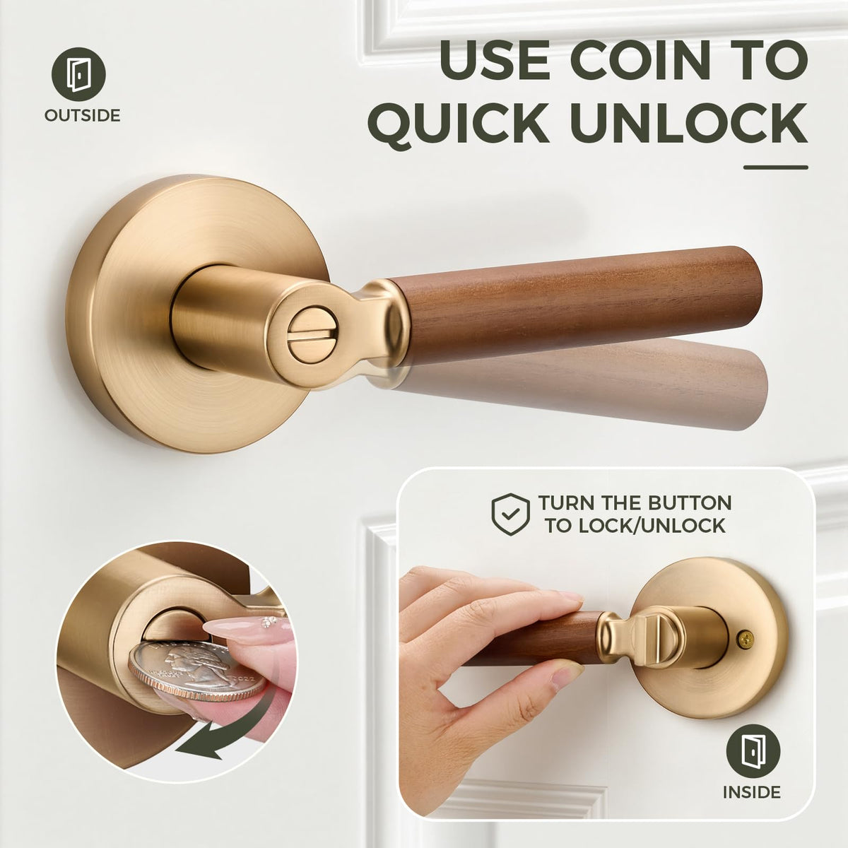 Walnut Wood Privacy Door Lever (1 Pack, Champagne Bronze)