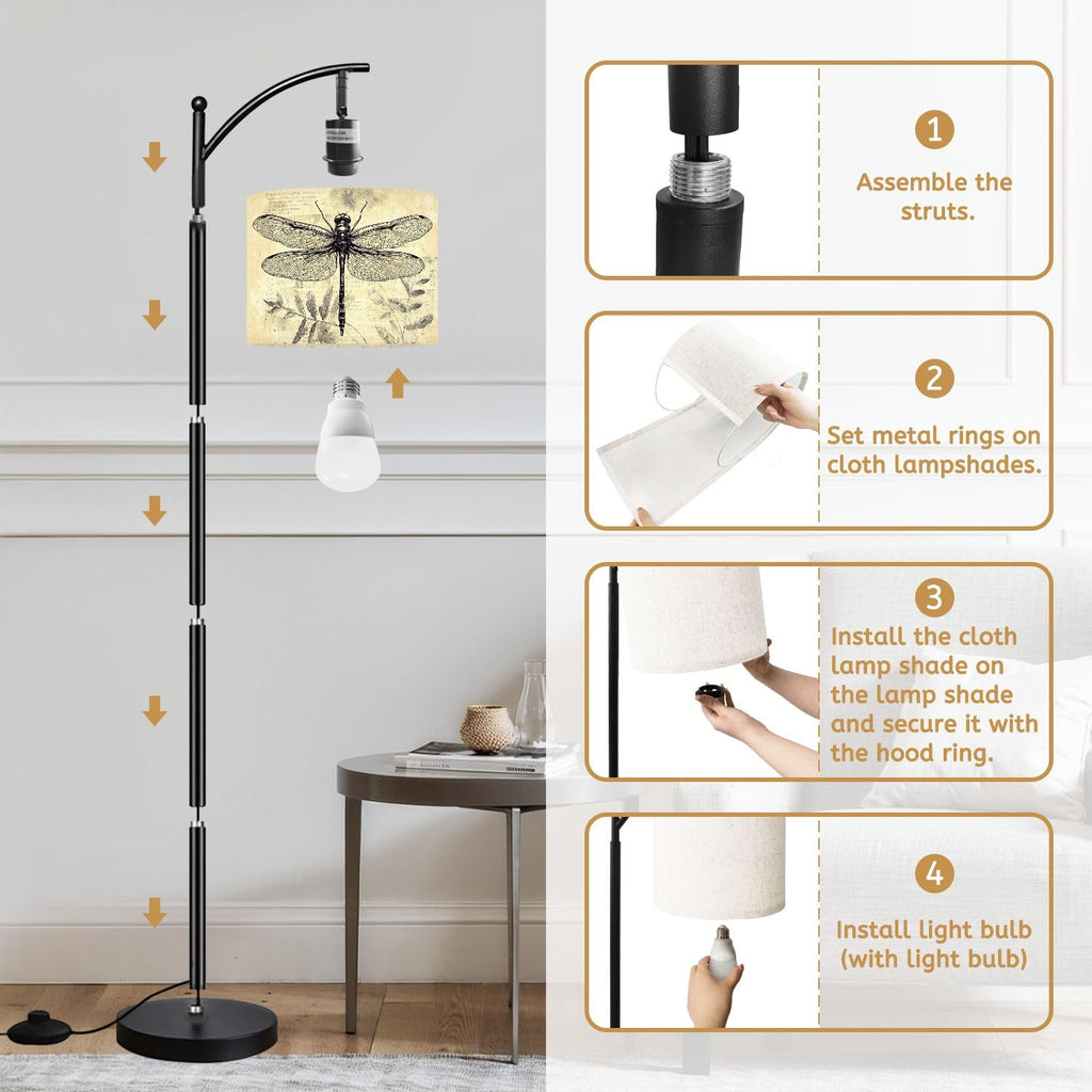 Inspired Arco Style Arc Floor Lamp Vintage Dragonfly Botanical Retro Fern Leaves Textured Intricate Wing Dimmable Modern Standing Lamp