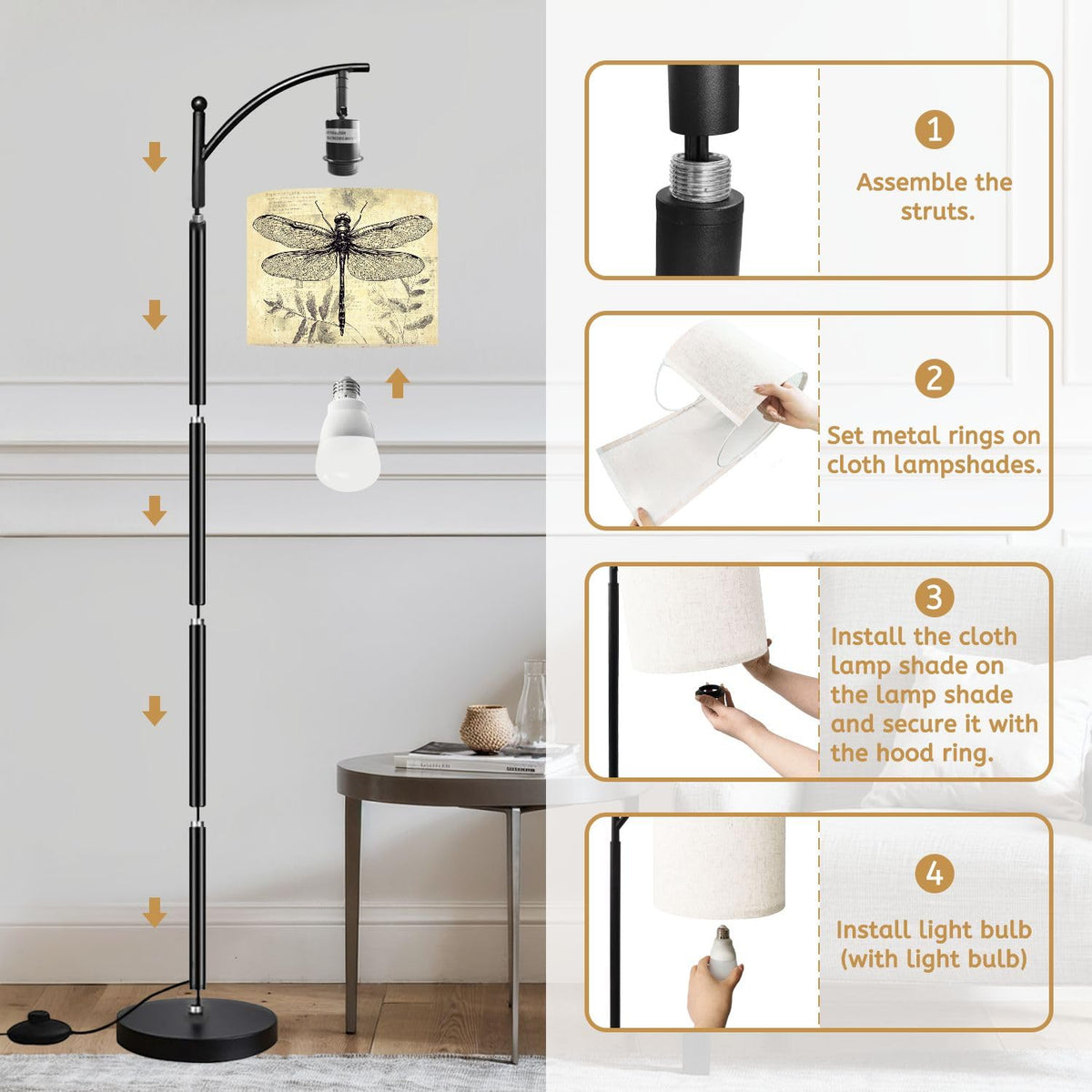Inspired Arco Style Arc Floor Lamp Vintage Dragonfly Botanical Retro Fern Leaves Textured Intricate Wing Dimmable Modern Standing Lamp