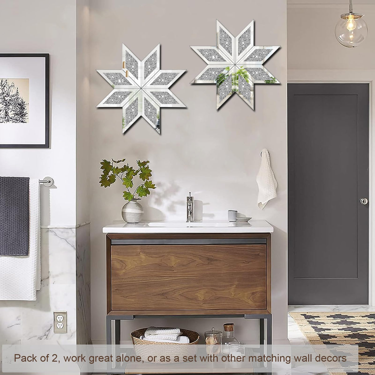 2 Piece Crushed Diamond Decorative Mirror, Silver Crushed Diamond Mirror Decor Wall Bedroom Bathroom Office (12X12in