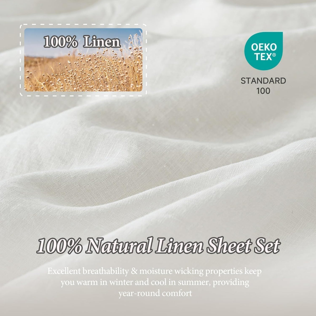 100% Linen Sheet Set Solid Color-4 Pcs Washed French Linen Bed Sheets(1 Flat Sheet, 1 Fitted Sheet, 2