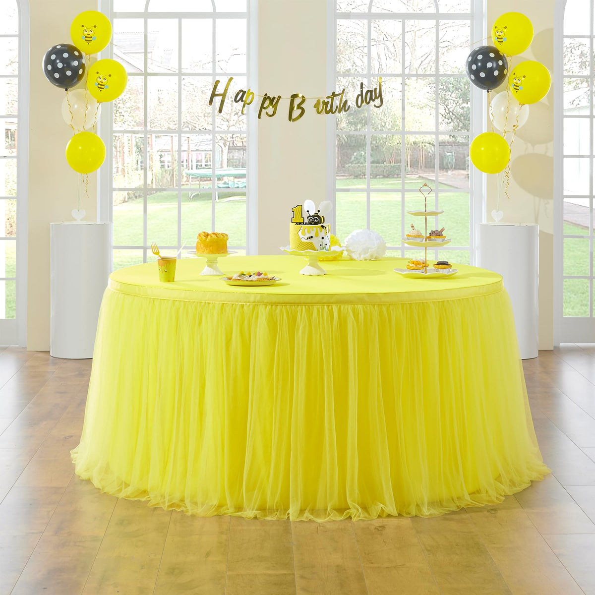 108in Yellow Tulle Table Skirts for Rectabgle Tables 6/8/4ft, 2-Layer Gold Grim Ruffle Tulle Tutu Cloth Table Skirt