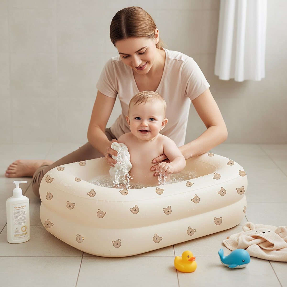 Inflatable Baby Bathtub with Built-in Air Pump, Cute Bear