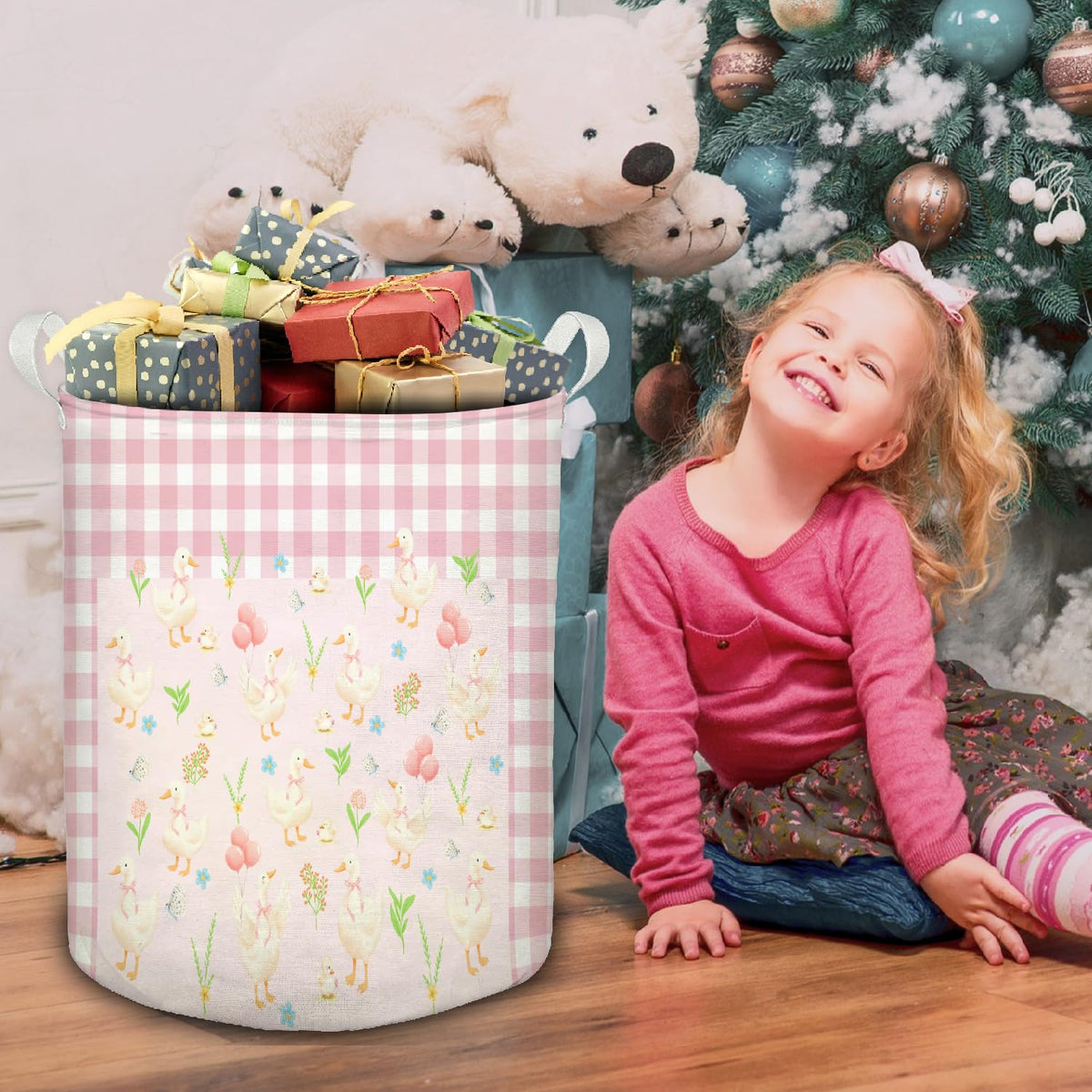 Mother Goose Girl Nursery Laundry Basket, Pink and White Checkered Cute Goose Foldable Laundry Hamper With Handles