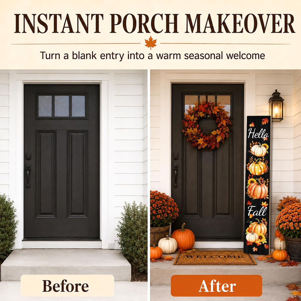 Fall Wooden Porch Sign 47" Pumpkins Maple Leaves Front Door Rustic Standing Large Welcome Porch Sign Front Door Yard