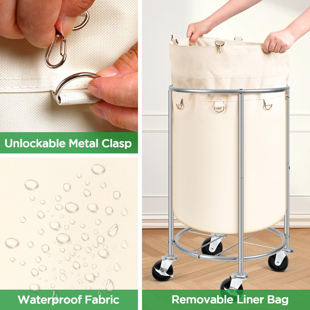 100L Round Rolling Laundry Hamper Basket with Wheels, Beige