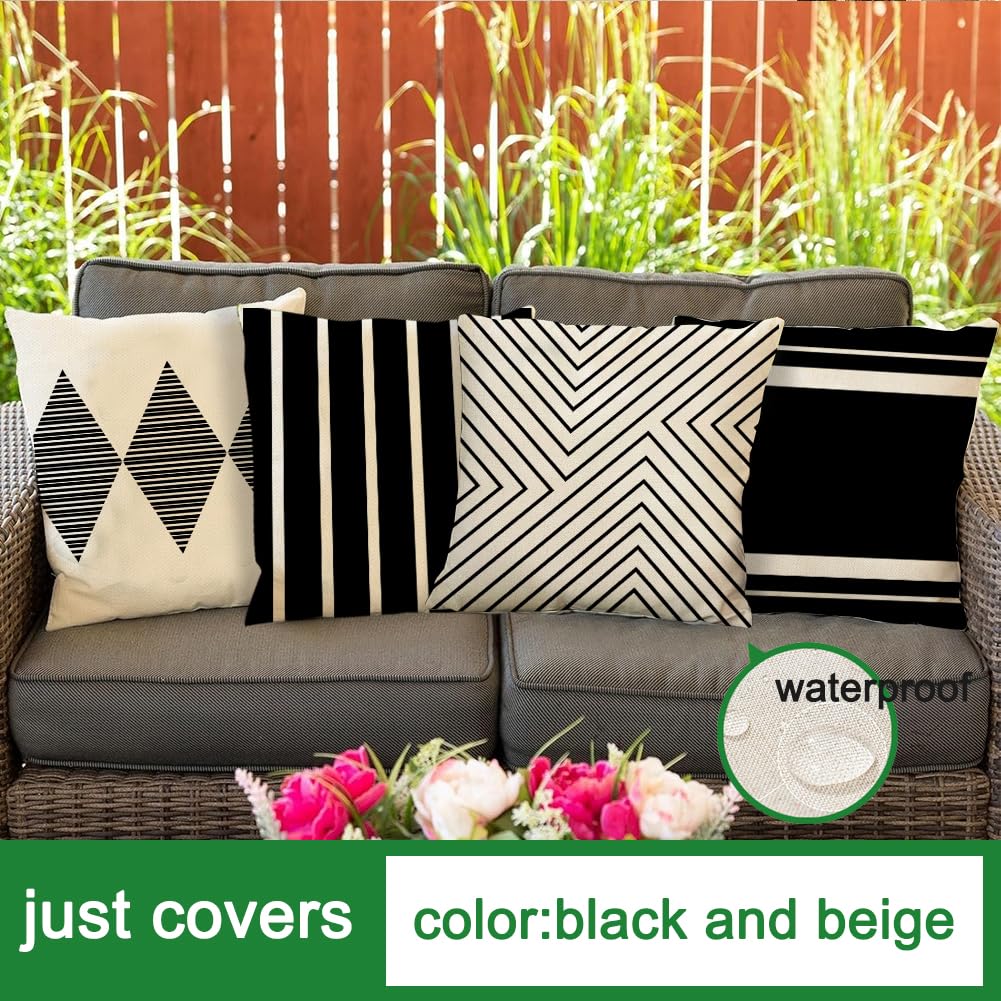Outdoor Pillow Covers Waterproof, 24x24 inch Black and Beige Boho Set of 4