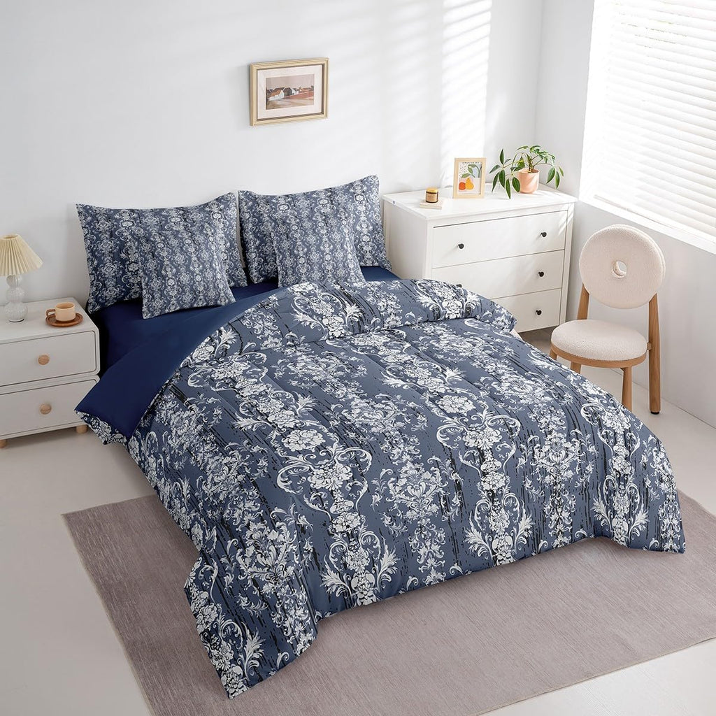Damask Twin Comforter Set 7 Piece for Adults Women Men Gothic European Floral Bed in A Bag with Sheets Boho Baroque