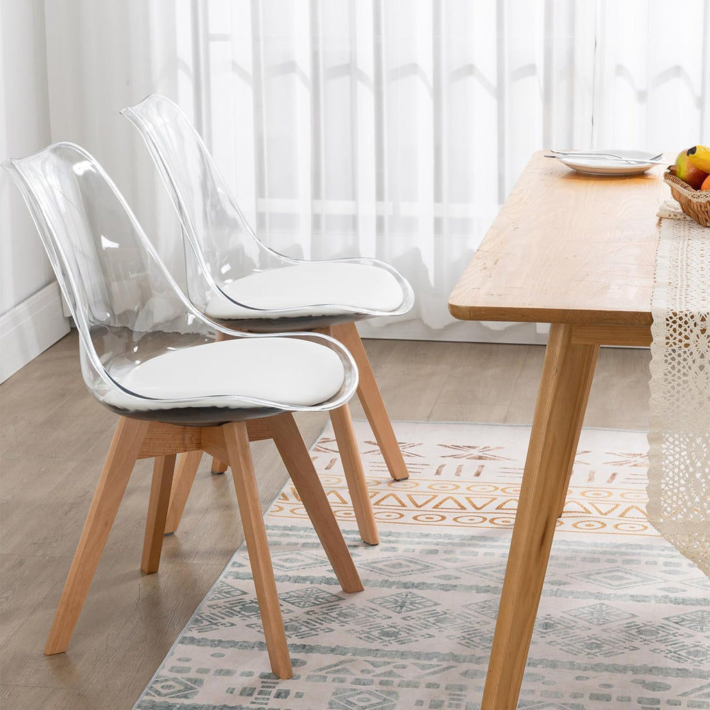 Clear Dining Chairs Set of 2, Modern Acrylic Dining Chair Transparent Chairs with PU Leather Cushions Seat & Wood Legs