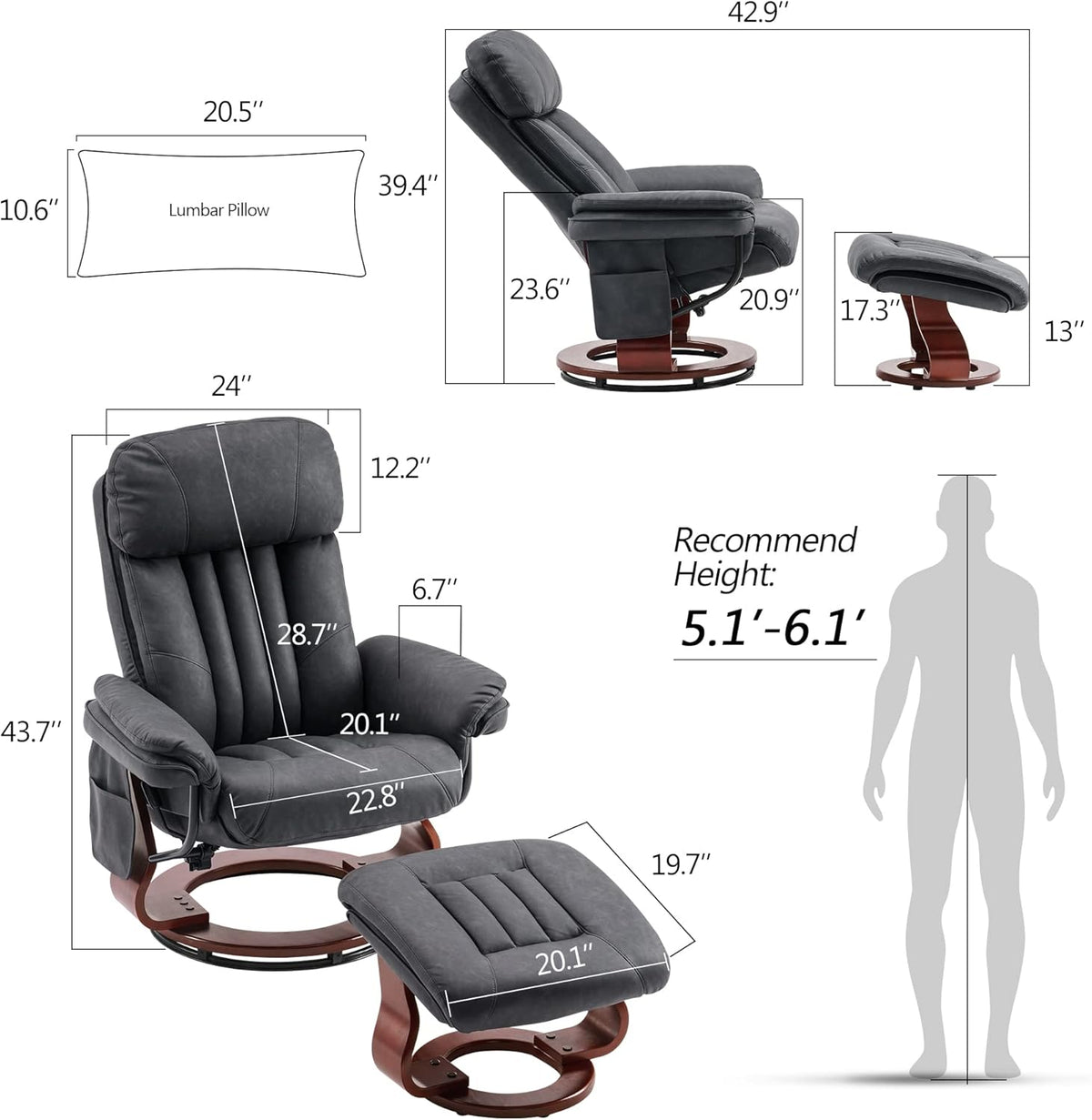 Modern Reclining Swivel Lounge Chair and Ottoman — Grey Faux Leather
