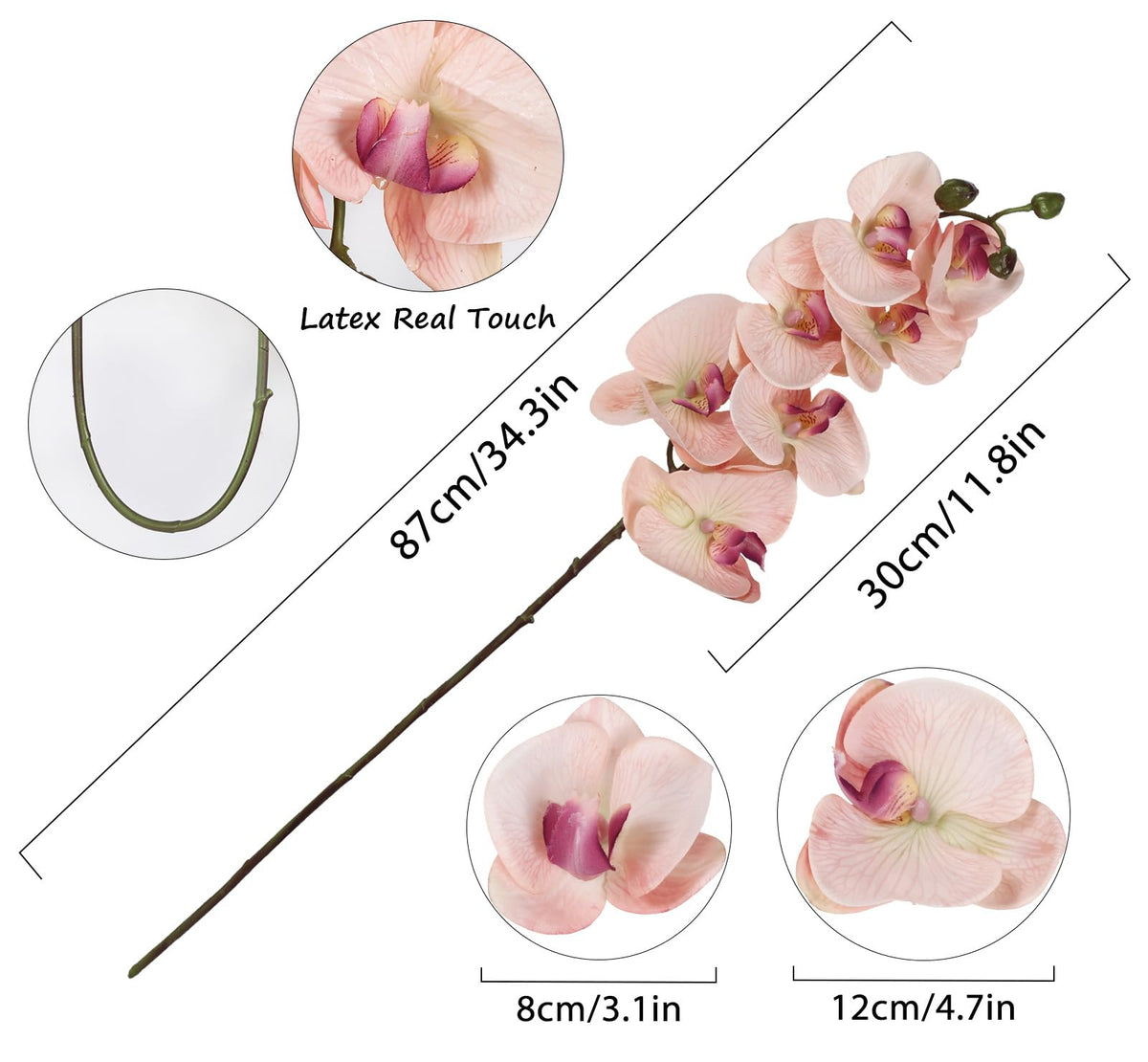 2pcs Champagne Pink Orchid Artificial, 34.3" Real Touch Fake Orchid Latex Phalaenopsis Branches Party Wedding Bridal