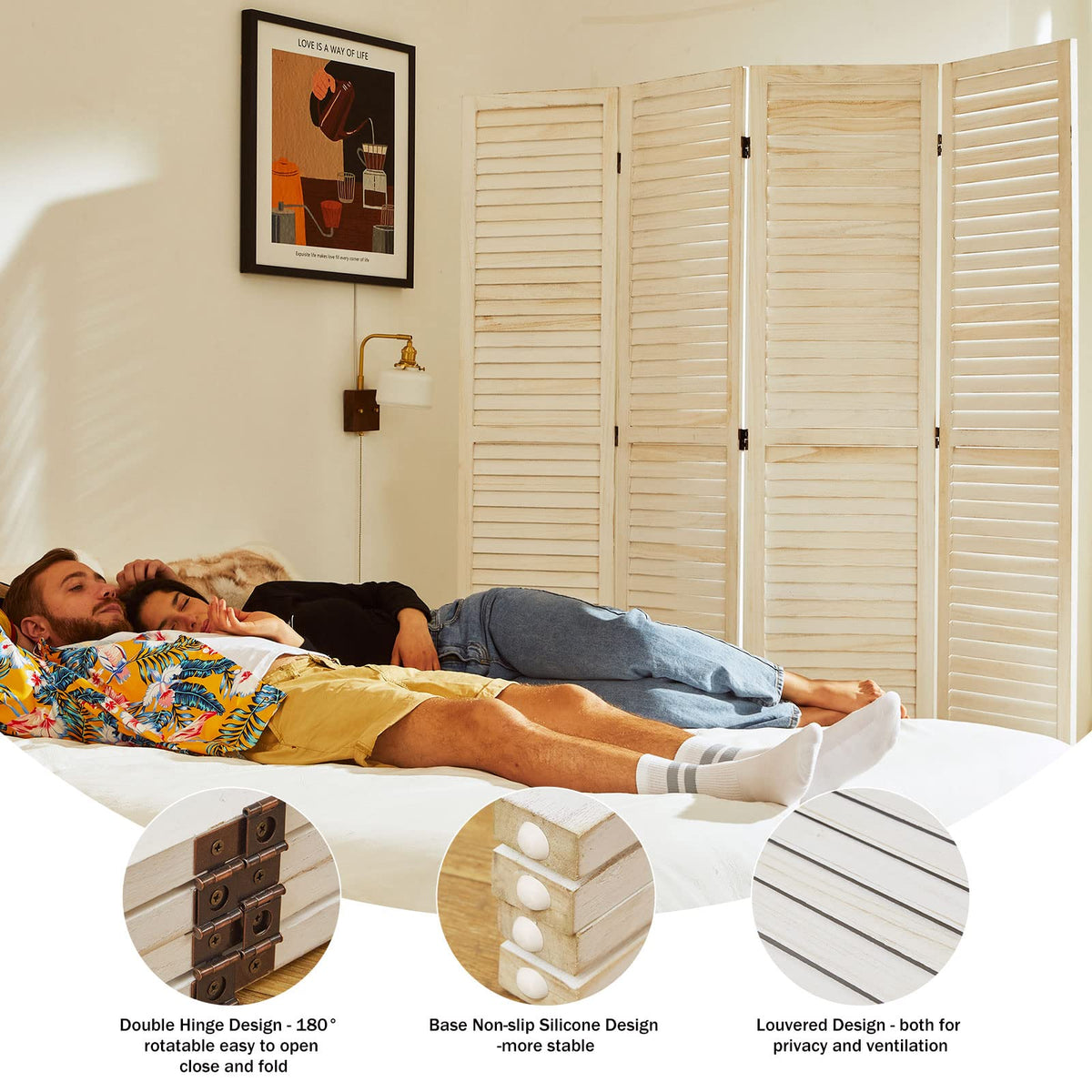 Room Dividers and Folding Privacy Screens, Wood Louvered Separators Divider Wall Bedroom - 4 Panels, 67 * 60inch