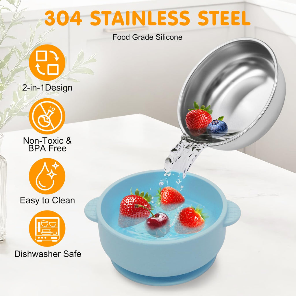 4 Pack Stainless Steel Baby Bowls with Suction 2-in-1