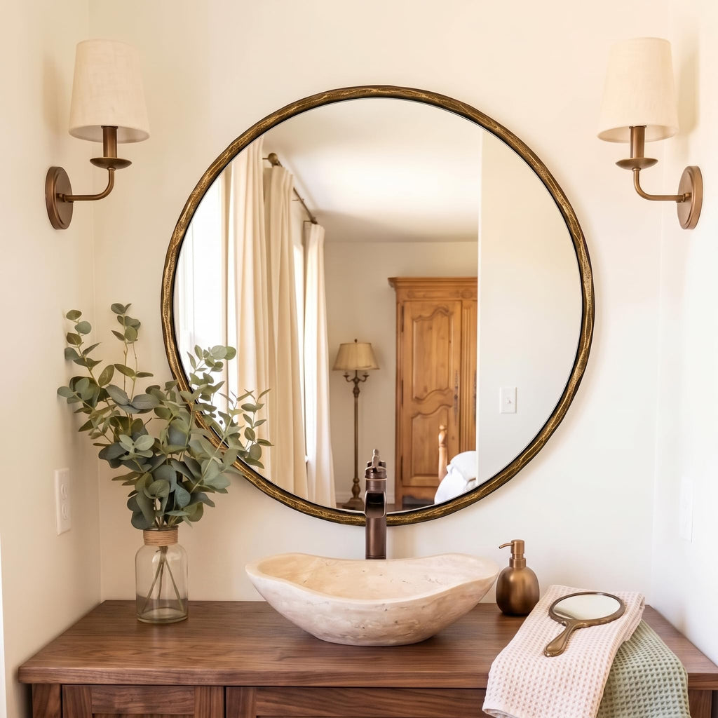 Hand-Forged Round Gold Mirrors, 32 Inch Antique Brass Hammered Round Bathroom Mirror for Over Sink, for Vanity
